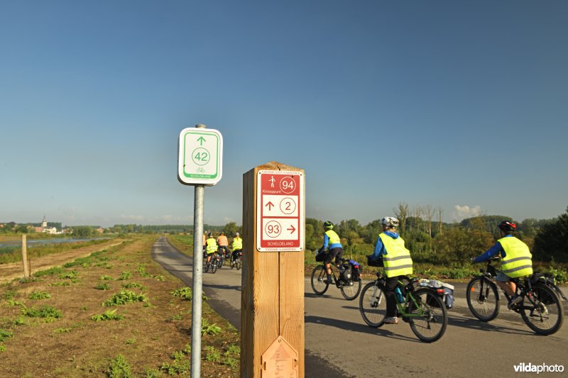 Fietsers langs de Schelde in Wijmeers