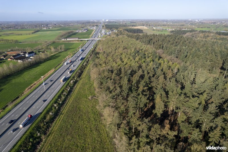 luchtfoto van het Provinciaal natuurdomein Hospicebossen langs de snelweg E17