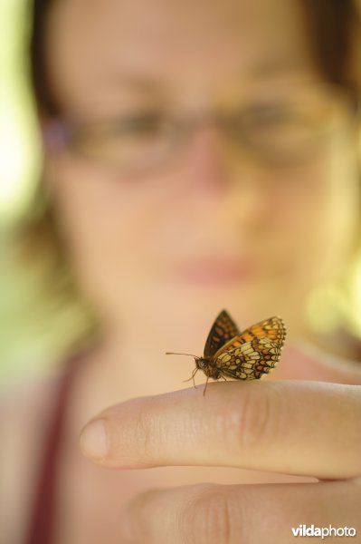 Vrouw met vlinder op hand